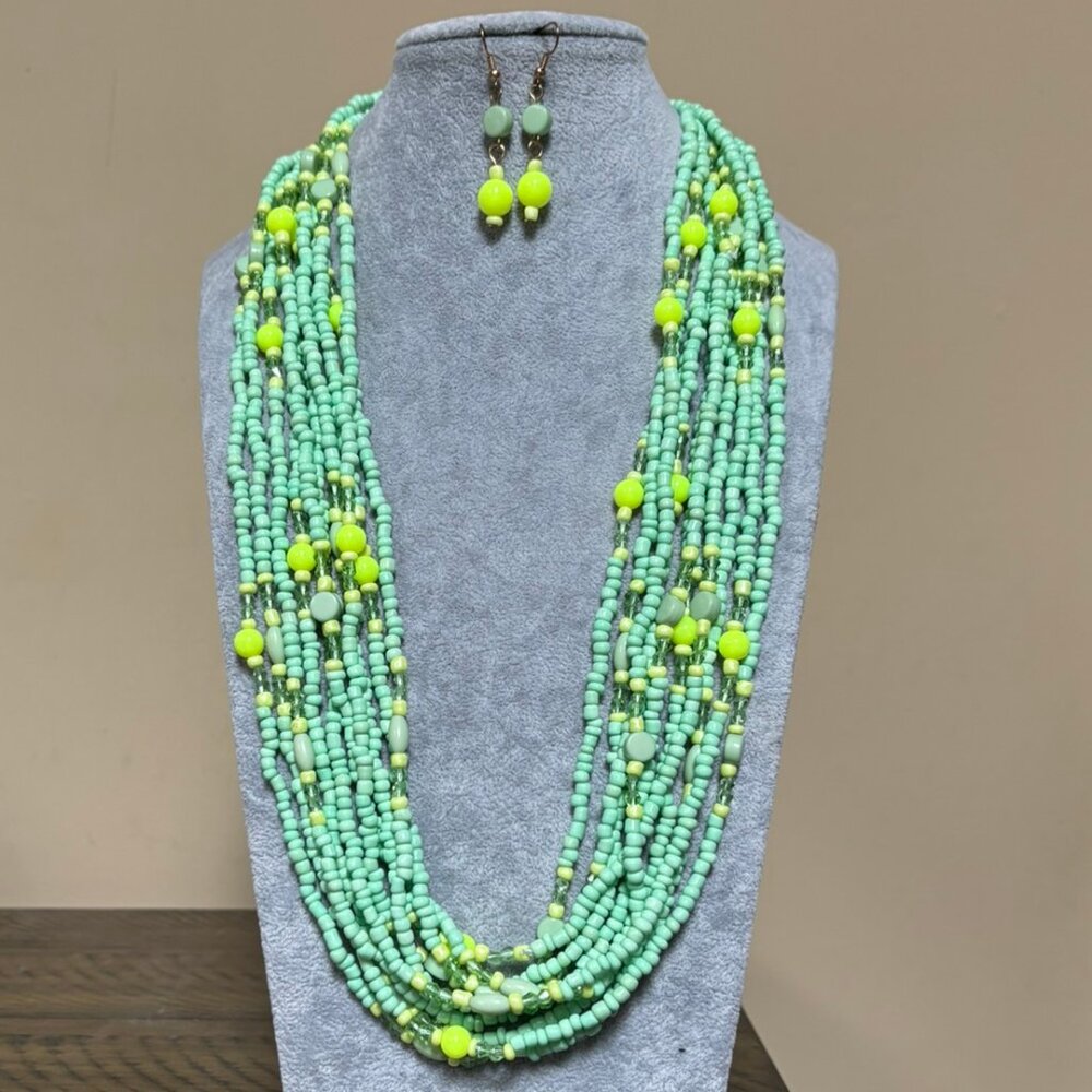Multi Teal Green Five Long Strand Can Be wrapped for shorter look Necklace Set